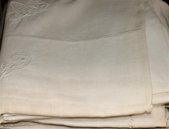 Six 19th century French Provincial embroidered monogrammed linen sheets